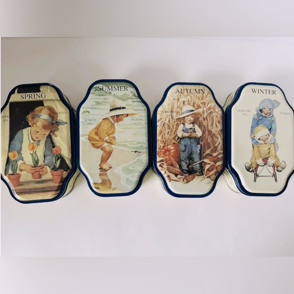 Vintage, good housekeeping set 4 seasons metal Tins spring summer autumn winter
